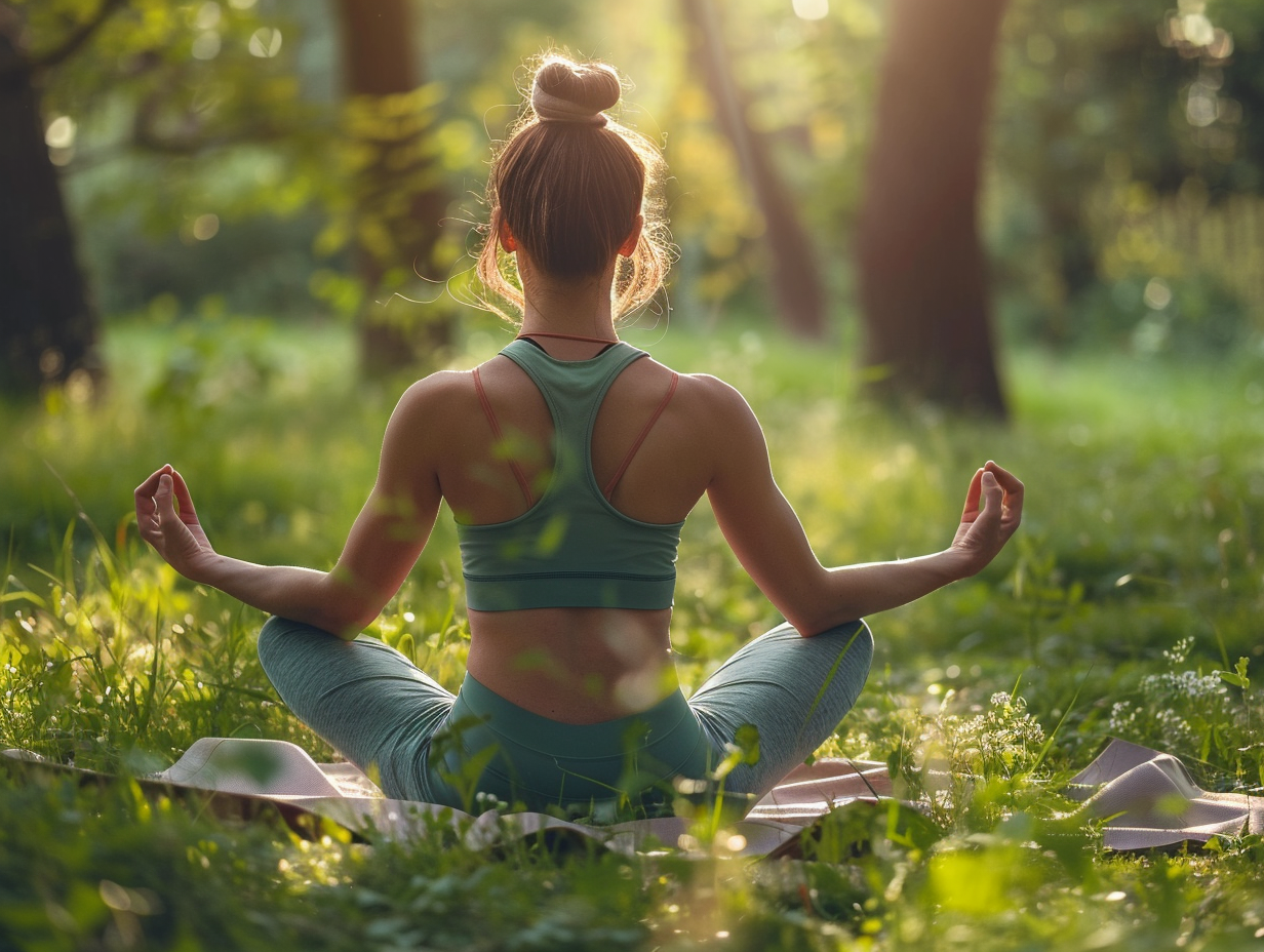 Група людей різного віку практикує йогу на світанку